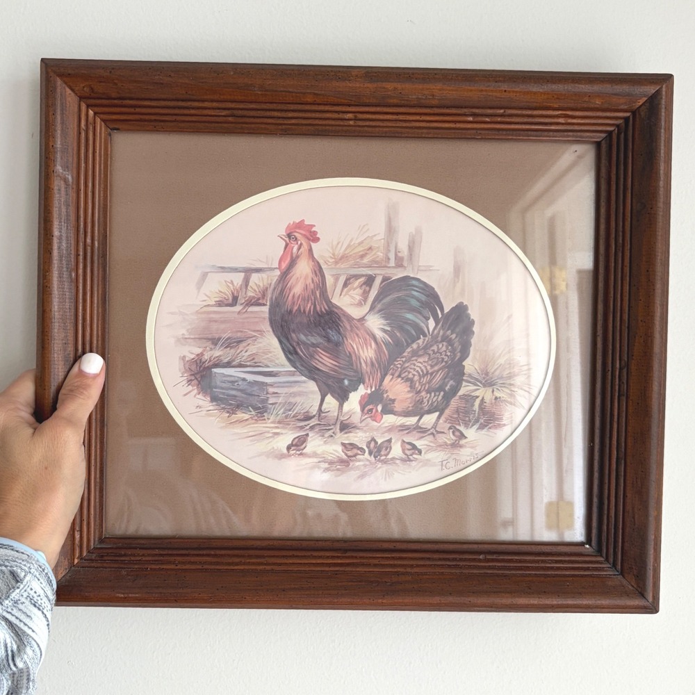 Vintage TC Morris Rooster and Hen Framed Lithograph Print Farmhouse Decor